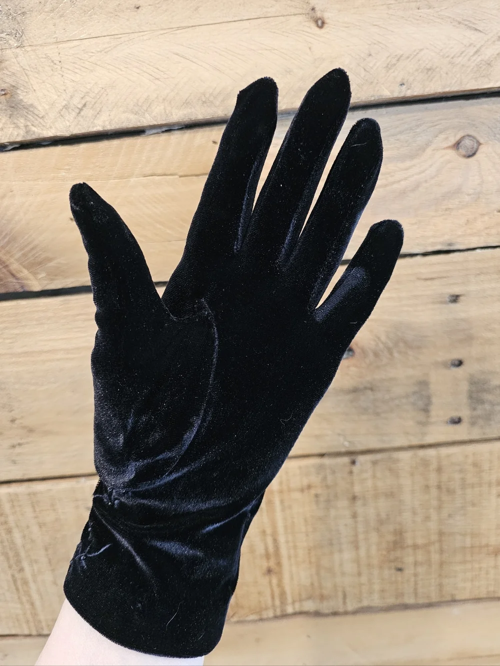 Stretch Black Velvet Gloves w/ Floral Embroidery & Bead Details